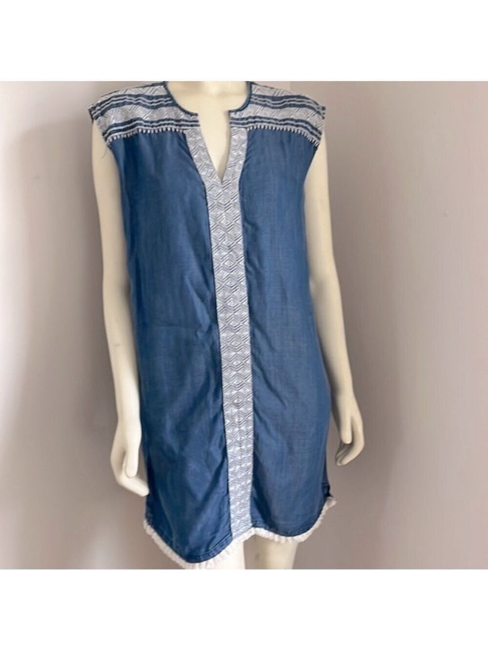 CHELSEA & Theodore Chambray Soft Denim Embroidered Tunic Shift Tensel Dress L
